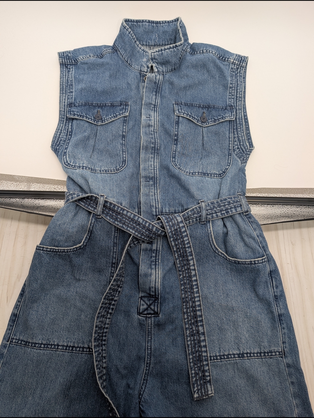 We The Free Denim Sleeveless Jumpsuit in Light Blue with Belt